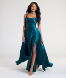 Own the spotlight in the Lelia Cowl Neck Slit A-Line Satin Formal Dress, a teal formal dress crafted to deliver luxe style for summer weddings, Army Balls, or any special event.