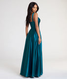 Turn heads at Prom 2025 in this teal prom dress, where statement-making details meet the iconic style of the Lelia Cowl Neck Slit A-Line Satin Formal Dress.