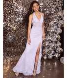 Turn heads at Prom 2025 in this lavender prom dress, where statement-making details meet the iconic style of the Cadie Halter Corset Slit Lace Formal Dress.