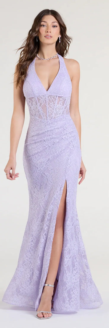 Own the spotlight in the Cadie Halter Corset Slit Lace Formal Dress, a lavender formal dress crafted to deliver luxe style for autumn weddings, Military Balls, or any special event.