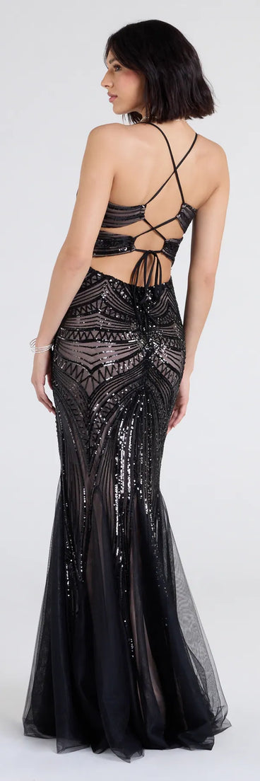 Brooke Lace-Up Mermaid Sequin Mesh Formal Dress in Black | Size: S | Mesh Fabric | Windsor Brooke Lace-Up Mermaid Sequin Mesh Formal Dress in Black | Size: S | Mesh Fabric | Windsor