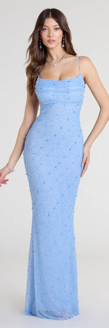 Own the spotlight in the Kerry Open Back Bodycon Pearl Bead Formal Dress, a periwinkle formal dress crafted to deliver luxe style for summer weddings, Army Balls, or any special event.