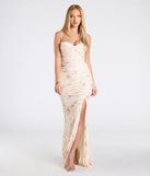 The Jennifer Cowl Neck Bodycon Floral Velvet Formal Dress in luxe ivory fabric, a stunning prom dress with statement details designed to make a bold impression at Prom 2025.