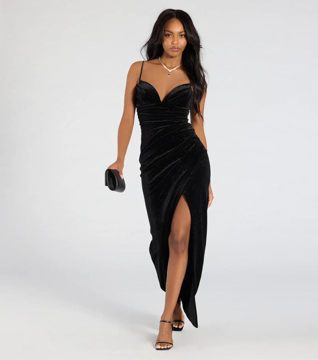 The Azella Bodycon Slit Glitter Velvet Formal Dress in luxe black fabric, a stunning prom dress with statement details designed to make a bold impression at Prom 2025.