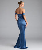 Turn heads at Prom 2025 in this denim blue prom dress, where statement-making details meet the iconic style of the Belinda Off-The-Shoulder Slit Satin Formal Dress.