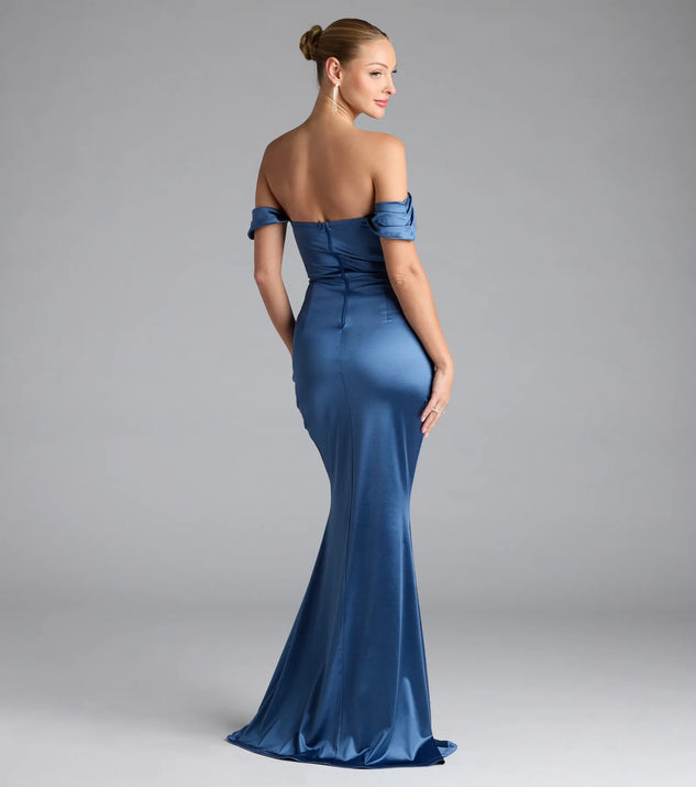 belinda off the shoulder slit satin formal dress Belinda Off-The-Shoulder Slit Satin Formal Dress
