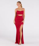 Make a statement in the Harlow Cutout Slit Glitter Formal Dress, a bold red prom dress designed to exude confidence, elegance, and a striking prom-night look.