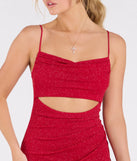Make a statement in the Harlow Cutout Slit Glitter Formal Dress, a bold red prom dress designed to exude confidence, elegance, and a striking prom-night look.