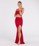Make a statement in the Harlow Cutout Slit Glitter Formal Dress, a bold red prom dress designed to exude confidence, elegance, and a striking prom-night look.