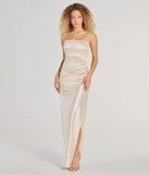 Own the spotlight in the Brianna Satin Strapless High Slit Column Dress, a ivory formal dress crafted to deliver luxe style for summer weddings, Army Balls, or any special event.