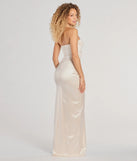 The Brianna Satin Strapless High Slit Column Dress in luxe ivory fabric, a stunning prom dress with statement details designed to make a bold impression at Prom 2025.