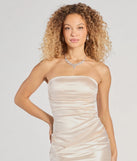 A stunning pick for an engagement photoshoot outfit or autumn wedding guest dress, this fall formal dress showcases the Brianna Satin Strapless High Slit Column Dress in ivory with a graceful silhouette that captures the moment.