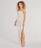 The Brianna Satin Strapless High Slit Column Dress in luxe ivory fabric, a stunning prom dress with statement details designed to make a bold impression at Prom 2025.