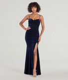 Turn heads at Prom 2025 in this navy blue prom dress, where statement-making details meet the iconic style of the Giselle Sleeveless Slit Mermaid Velvet Formal Dress .
