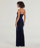 Step into the Prom 2025 dance in the Giselle Sleeveless Slit Mermaid Velvet Formal Dress in navy, a stunning blue prom dress designed to complement any theme with its timeless allure and statement-making style.