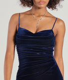 Step into Prom 2025 in a navy blue prom dress, where unique Windsor accents and the standout Giselle Sleeveless Slit Mermaid Velvet Formal Dress style come together.