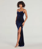 Step into Prom 2025 in a navy blue prom dress, where unique Windsor accents and the standout Giselle Sleeveless Slit Mermaid Velvet Formal Dress style come together.