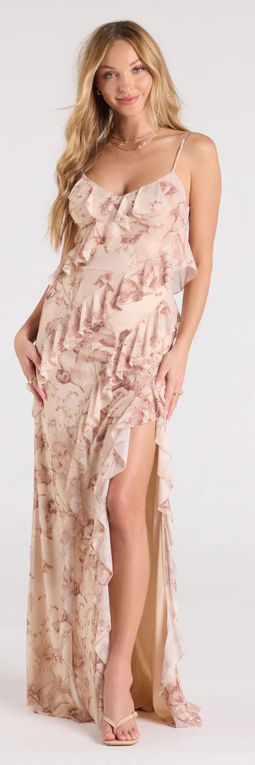 Feel instantly put-together in the Sancia V-Neck Ruffle Slit Floral Formal Dress in taupe, a stylish wedding guest dress designed for confident style and all-out celebration.