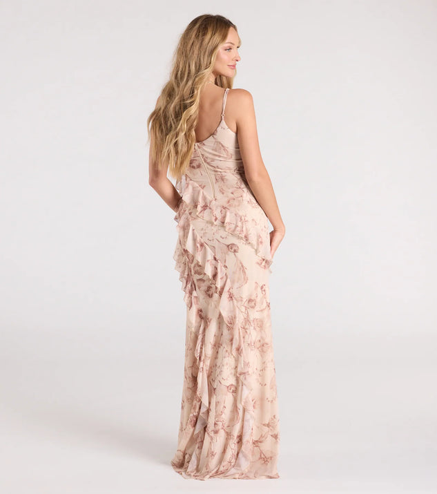 virginia floral ruffle maxi slip dress Sancia V-Neck Ruffle Slit Floral Formal Dress