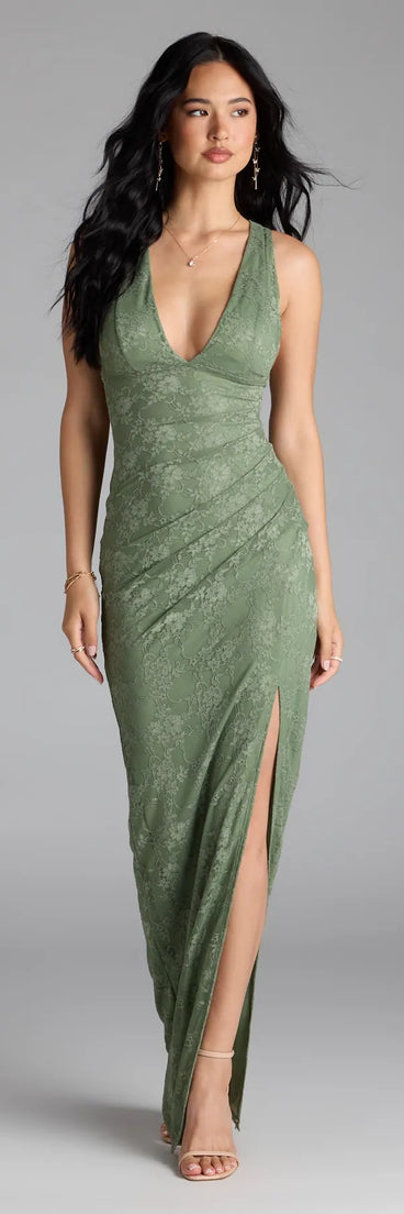 Feel instantly put-together in the Titania Halter Slit Lace Formal Dress in sage green, a summer wedding guest dress designed for confident style and all-out celebration.