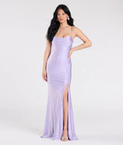 Make a bold statement in the Lizzie Lace-Up Cowl Back Slit Formal Dress in lavender, the perfect spring dress for weddings, cocktail hours, nights out, and/or seasonal celebrations.