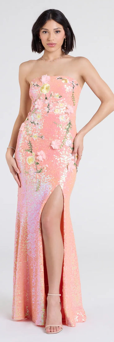 Own the spotlight in the Minerva Strapless Floral Sequin Formal Dress, a orange formal dress crafted to deliver luxe style for summer weddings, Army Balls, or any special event.