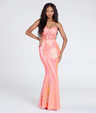 Make a bold statement in the Zoe Lace-Up Corset Mermaid Sequin Formal Dress in coral, the perfect spring dress for weddings, cocktail hours, nights out, and/or seasonal celebrations.