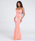 Make a bold statement in the Zoe Lace-Up Corset Mermaid Sequin Formal Dress in coral, the perfect spring dress for weddings, cocktail hours, nights out, and/or seasonal celebrations.
