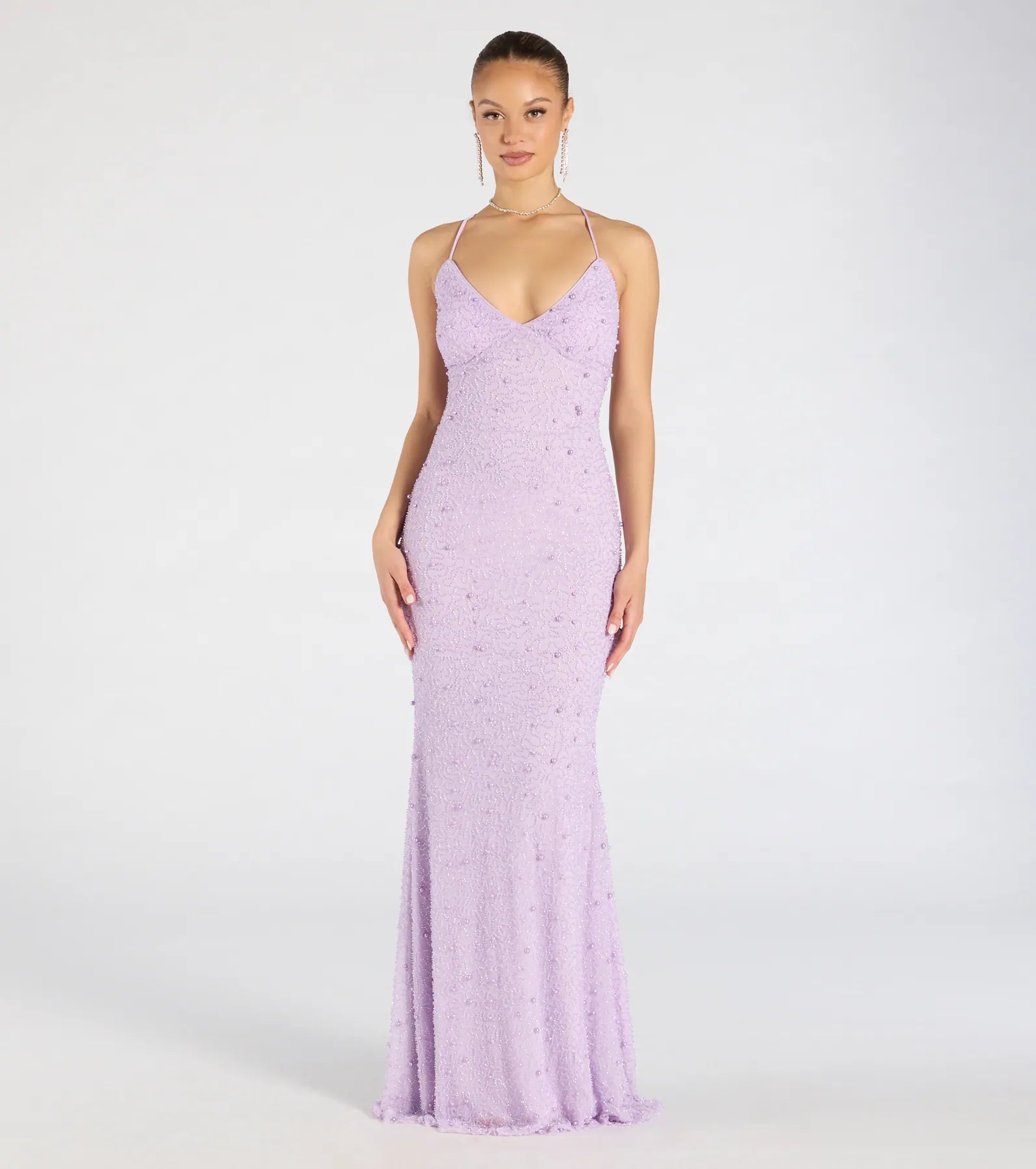 絶版‼️ Marlene Marino Purple Fashion Marlene Lace-Up Mermaid Beaded Pearl Formal Dress | Windsor