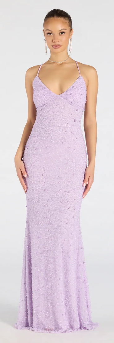 Feel instantly put-together in the Marlene Lace-Up Mermaid Beaded Pearl Formal Dress in lavender, a summer wedding guest dress designed for confident style and all-out celebration.