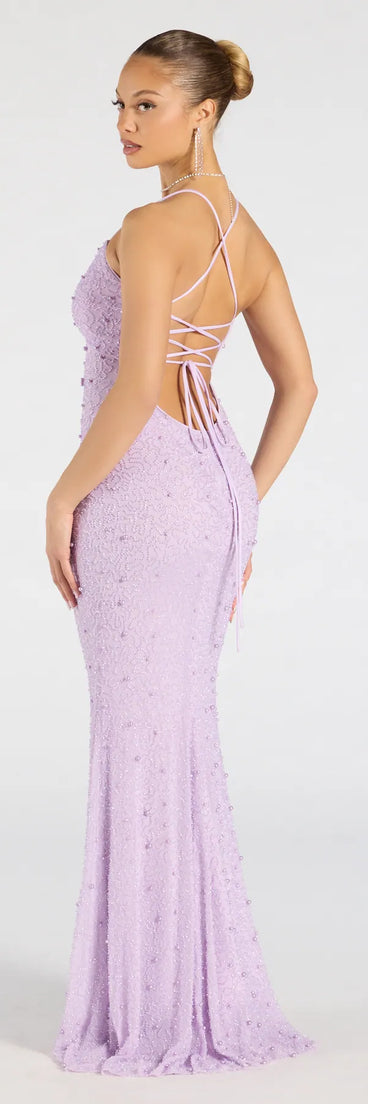 The Marlene Lace-Up Mermaid Beaded Pearl Formal Dress in luxe lavender fabric, a stunning prom dress with statement details designed to make a bold impression at Prom 2025.
