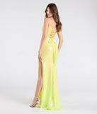 Make a bold statement in the Antonia Lace-Up Corset Slit Sequin Formal Dress in yellow, the perfect spring dress for weddings, cocktail hours, nights out, and/or seasonal celebrations.