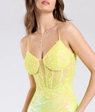 Make a bold statement in the Antonia Lace-Up Corset Slit Sequin Formal Dress in yellow, the perfect spring dress for weddings, cocktail hours, nights out, and/or seasonal celebrations.
