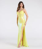 Make a bold statement in the Antonia Lace-Up Corset Slit Sequin Formal Dress in yellow, the perfect spring dress for weddings, cocktail hours, nights out, and/or seasonal celebrations.