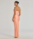 The Anisley Strapless High Slit Slim Formal Dress in luxe peach fabric, a stunning prom dress with statement details designed to make a bold impression at Prom 2025.