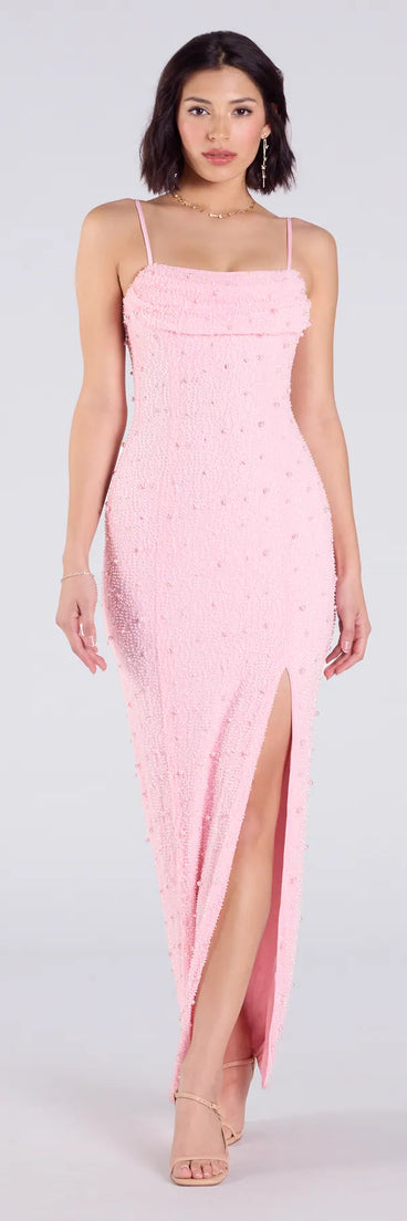 Bring a fun and feminine vibe with the Klara Cowl Neck Faux Pearl Bead Column Dress, a scroll-stopping style from Windsor's pink homecoming dress collection that brings playful charm to every HOCO moment.