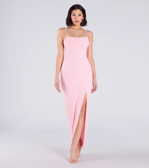 Make a bold statement in the Klara Cowl Neck Faux Pearl Bead Column Dress in pink, the perfect spring dress for weddings, cocktail hours, nights out, and/or seasonal celebrations.
