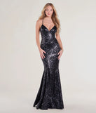 The Saskia Lace-Up Mermaid Sequin Satin Formal Dress in luxe black fabric, a stunning prom dress with statement details designed to make a bold impression at Prom 2025.