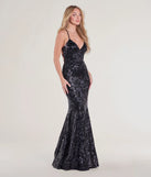 The Saskia Lace-Up Mermaid Sequin Satin Formal Dress in luxe black fabric, a stunning prom dress with statement details designed to make a bold impression at Prom 2025.