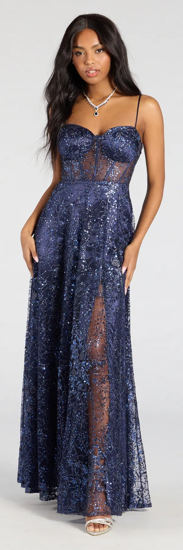 Own the spotlight in the Lauren Sweetheart A-Line Glitter Sequin Dress, a navy blue formal dress crafted to deliver luxe style for autumn weddings, Military Balls, or any special event.