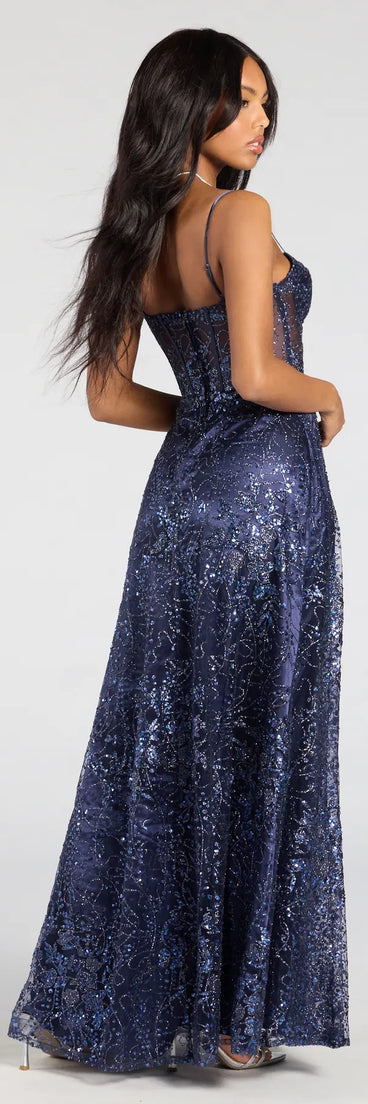 Step into the Prom 2025 dance in the Lauren Sweetheart A-Line Glitter Sequin Dress in navy, a stunning blue prom dress designed to complement any theme with its timeless allure and statement-making style.