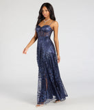The Lauren Sweetheart A-Line Glitter Sequin Dress in luxe navy blue fabric, a stunning prom dress with statement details designed to make a bold impression at Prom 2025.