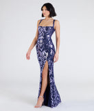 Celebrate in style with the Moira Lace-Up Sequin Formal Dress, a navy blue formal wedding guest dress featuring an elegant silhouette and luxe details, perfect for a black-tie celebration.