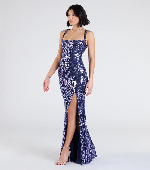 Celebrate in style with the Moira Lace-Up Sequin Formal Dress, a navy blue formal wedding guest dress featuring an elegant silhouette and luxe details, perfect for a black-tie celebration.