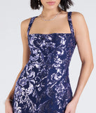 Celebrate in style with the Moira Lace-Up Sequin Formal Dress, a navy blue formal wedding guest dress featuring an elegant silhouette and luxe details, perfect for a black-tie celebration.