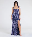 Celebrate in style with the Moira Lace-Up Sequin Formal Dress, a navy blue formal wedding guest dress featuring an elegant silhouette and luxe details, perfect for a black-tie celebration.