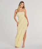 The Gabby Formal Mesh Strapless Ruffle Long Dress in luxe yellow fabric, a stunning prom dress with statement details designed to make a bold impression at Prom 2025.
