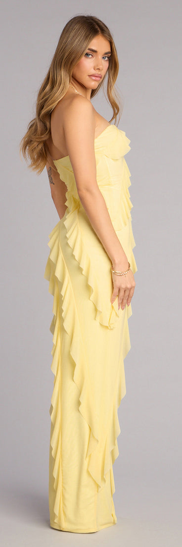 Discover a formal dress like the Gabby Formal Mesh Strapless Ruffle Long Dress in yellow featuring a flattering fit, smooth fabric, and refined design for any formal occasion.