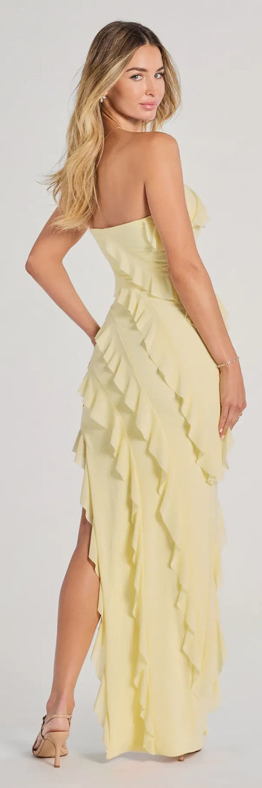 The Gabby Formal Mesh Strapless Ruffle Long Dress in luxe yellow fabric, a stunning HOCO dress with statement details designed to make a bold impression at Homecoming 2025.