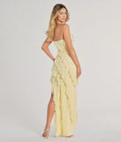 The Gabby Formal Mesh Strapless Ruffle Long Dress in luxe yellow fabric, a stunning prom dress with statement details designed to make a bold impression at Prom 2025.